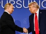 US President Donald Trump and Russian President Vladimir Putin shake hands during a press conference following their meeting to negotiate an end to the war in Ukraine, at Joint Base Elmendorf-Richardson, in Anchorage, Alaska, U.S., August 15, 2025.
