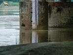 A view of the Yamuna River waters at the Old Iron Bridge near Yamuna Bazar, where levels remain high despite a slight decrease A view of the Yamuna River waters at the Old Iron Bridge near Yamuna Bazar, where levels remain high despite a slight decrease