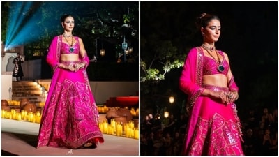 Ananya Panday's pink lehenga is by fashion designer Punit Balana. (Instagram/ Aryan khalmania) Ananya Panday's pink lehenga is by fashion designer Punit Balana. (Instagram/ Aryan khalmania)