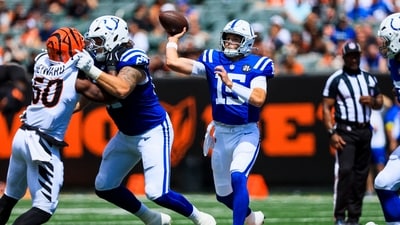 Indianapolis Colts quarterback Riley Leonard throws a pass against the Cincinnati Bengals in the first half at Paycor Stadium. (IMAGN IMAGES via Reuters Connect)