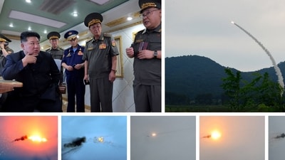 A combination image released by KCNA on August 23 says to show firing tests of anti-aircraft missiles and North Korean leader Kim Jong Un flanked by Korean People's Army officers, at an unknown location. (KCNA via REUTERS)