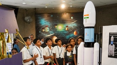 Students look at a model of Chandrayaan-3 mission during the celebration of India's first National Space Day, at Jawaharlal Nehru Planetarium. (PTI file photo) Students look at a model of Chandrayaan-3 mission during the celebration of India's first National Space Day, at Jawaharlal Nehru Planetarium. (PTI file photo)