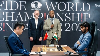 India's D Gukesh and China's Ding Liren during the World Chess Championship, in Singapore. (PTI)
