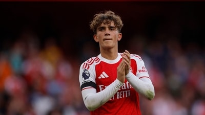 Arsenal's Max Dowman celebrates after winning the match against Leeds (Action Images via Reuters)
