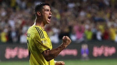 Soccer Football - Saudi Super Cup - Final - Al Nassr v Al Ahli - Hong Kong Stadium, Hong Kong, China - August 23, 2025  Al Nassr's Cristiano Ronaldo celebrates after scoring during the penalty shootout REUTERS/Tyrone Siu (REUTERS)