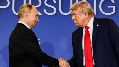 US President Donald Trump and Russian President Vladimir Putin shake hands during a press conference following their meeting to negotiate an end to the war in Ukraine, at Joint Base Elmendorf-Richardson, in Anchorage, Alaska, U.S., August 15, 2025. (REUTERS File)