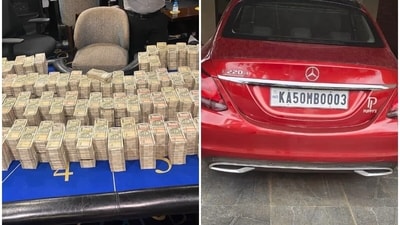 Huge piles of cash were seen in visuals reportedly shared by the ED after raids at multiple premises linked to the Congress MLA (ANI) Huge piles of cash were seen in visuals reportedly shared by the ED after raids at multiple premises linked to the Congress MLA (ANI)