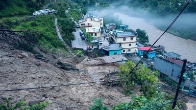 According to the State Emergency Operations Centre, rising waters in the Tunri Gadera stream left one to two feet of debris across the tehsil complex, Chepado Bazar, Kotdweep Bazar, and several homes, submerging some vehicles in the process (HT Photo) According to the State Emergency Operations Centre, rising waters in the Tunri Gadera stream left one to two feet of debris across the tehsil complex, Chepado Bazar, Kotdweep Bazar, and several homes, submerging some vehicles in the process (HT Photo)