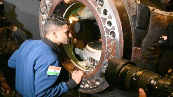 Group Captain Shubhanshu Shukla at Nehru Planetarium on Saturday. (Sonu Mehta/HT Photo)