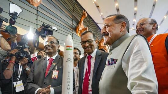 Union minister of science and technology Jitendra Singh, isro chairman V Narayanan and others during the unveiling of first look of the Bharatiya Antriksh Station (BAS) on the occasion of the National Space Day, at Bharat Mandapam, in Delhi, on Saturday. (PTI)