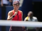 Emma Raducanu reacts after beating Ena Shibahara during the first round of the US Open on Sunday. (AP)