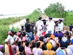 Shiromani Akali Dal (SAD) president Sukhbir Singh Badal visited flood-affected areas in Kapurthala’s Sultanpur Lodhi on Sunday. (HT Photo) Shiromani Akali Dal (SAD) president Sukhbir Singh Badal visited flood-affected areas in Kapurthala’s Sultanpur Lodhi on Sunday. (HT Photo)