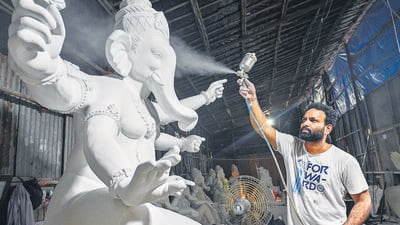 Mumbai, India. Aug 15, 2025: Mumbai base artist Parag Pardhi creating eco-friendly Ganesh idols at his workshop in Dadar. He use clay, organic glue, and recycled paper to build these non-polluting idols. Mumbai, India. Aug 15, 2025. (Photo by Raju Shinde/HT Photo) (Raju Shinde) Mumbai, India. Aug 15, 2025: Mumbai base artist Parag Pardhi creating eco-friendly Ganesh idols at his workshop in Dadar. He use clay, organic glue, and recycled paper to build these non-polluting idols. Mumbai, India. Aug 15, 2025. (Photo by Raju Shinde/HT Photo) (Raju Shinde)