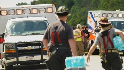 Rescue personnel work the scene of a tour bus that crashed and rolled over on the New York State Thruway near Pembroke, N.Y., Friday, Aug. 22, 2025. (Libby March/The Buffalo News via AP) (AP) Rescue personnel work the scene of a tour bus that crashed and rolled over on the New York State Thruway near Pembroke, N.Y., Friday, Aug. 22, 2025. (Libby March/The Buffalo News via AP) (AP)