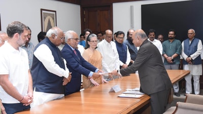 Opposition candidate, former Supreme Court judge B Sudershan Reddy, files his nomination for the Vice President election in the presence of Congress President Mallikarjun Kharge, Congress Parliamentary Party chairperson Sonia Gandhi, NCP(SP) chief Sharad Pawar, Lok Sabha LoP and Congress MP Rahul Gandhi and other INDIA bloc leaders on August 21. (HT Photo) Opposition candidate, former Supreme Court judge B Sudershan Reddy, files his nomination for the Vice President election in the presence of Congress President Mallikarjun Kharge, Congress Parliamentary Party chairperson Sonia Gandhi, NCP(SP) chief Sharad Pawar, Lok Sabha LoP and Congress MP Rahul Gandhi and other INDIA bloc leaders on August 21. (HT Photo)