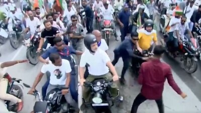 The incident took place when the Congress leader was riding a motorcycle in Bihar's Purnea district. (Video screengrab) The incident took place when the Congress leader was riding a motorcycle in Bihar's Purnea district. (Video screengrab)