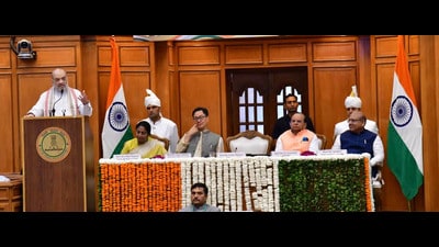 Union minister Amit Shah speaks. (HT Photo) Union minister Amit Shah speaks. (HT Photo)