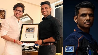 Astronaut and Group Captain Shubhanshu Shukla presenting the space-travelled badge to its designer Manish Tripathi; (right) Shux wearing the badge (Instagram) Astronaut and Group Captain Shubhanshu Shukla presenting the space-travelled badge to its designer Manish Tripathi; (right) Shux wearing the badge (Instagram)