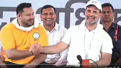 Rahul Gandhi jokes about his unmarried status at a press conference with Tejashwi Yadav in Bihar on Sunday. (X/@Amockx2022) Rahul Gandhi jokes about his unmarried status at a press conference with Tejashwi Yadav in Bihar on Sunday. (X/@Amockx2022)