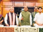 (From left) Chief minister Rekha Gupta, Union minister Manohar Lal Khattar, Lok Sabha speaker Om Birla, Union minister Jyotiraditya Scindia, and Delhi assembly speaker Vijender Gupta, at the Delhi Assembly on Monday. (Raj K Raj/HT photo) (From left) Chief minister Rekha Gupta, Union minister Manohar Lal Khattar, Lok Sabha speaker Om Birla, Union minister Jyotiraditya Scindia, and Delhi assembly speaker Vijender Gupta, at the Delhi Assembly on Monday. (Raj K Raj/HT photo)