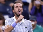 Daniil Medvedev reacts against Benjamin Bonzi. Daniil Medvedev reacts against Benjamin Bonzi.