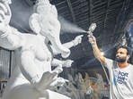 Mumbai, India. Aug 15, 2025: Mumbai base artist Parag Pardhi creating eco-friendly Ganesh idols at his workshop in Dadar. He use clay, organic glue, and recycled paper to build these non-polluting idols. Mumbai, India. Aug 15, 2025. (Photo by Raju Shinde/HT Photo) (Raju Shinde)