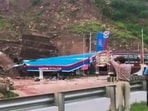 Udhampur: Debris of a petrol pump damaged by a landslide on Jammu-Srinagar highway.