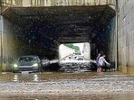 The waterlogged underpass near the Verka milk plant in Ludhiana on Monday. (Gurpreet Singh/HT)