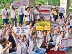 Veterinary Students Union of Guru Angad Dev Veterinary and Animal Sciences University staging a protest in Ludhiana on Monday. (Gurpreet Singh/HT)