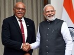 Prime Minister Narendra Modi meets Fiji Prime Minister Sitiveni Rabuka at Hyderabad House in New Delhi on Monday Prime Minister Narendra Modi meets Fiji Prime Minister Sitiveni Rabuka at Hyderabad House in New Delhi on Monday