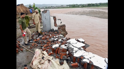 A damaged house due to flash flood in the Tawi river at Jayed Nagar bali charana outskirts of Jammu on Monday. (ANI) A damaged house due to flash flood in the Tawi river at Jayed Nagar bali charana outskirts of Jammu on Monday. (ANI)