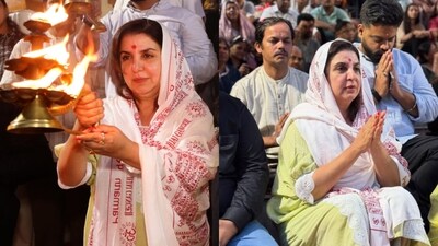 Farah Khan attends Ganga arti in Rishikesh with her cook Dilip. Farah Khan attends Ganga arti in Rishikesh with her cook Dilip.