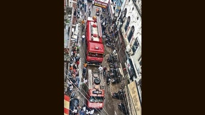 Fire engines heading towards the shop on fire in Sabun Bazar area in Ludhiana on Monday. (HT Photo)