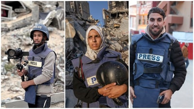 From left - Mohammed Salama, who worked as a photojournalist with Al Jazeera; Mariam Abu Daqqa, who worked as a journalist with several media outlets including Associated Press; Moaz Abu Taha, who worked as a freelance journalist with several news organisations including Reuters. (AFP/AP/Reuters) From left - Mohammed Salama, who worked as a photojournalist with Al Jazeera; Mariam Abu Daqqa, who worked as a journalist with several media outlets including Associated Press; Moaz Abu Taha, who worked as a freelance journalist with several news organisations including Reuters. (AFP/AP/Reuters)