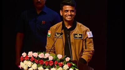 Group Captain Shubhanshu Shukla addressed after his felicitation by UP CM Yogi Adityanath during the civic reception ceremony at Lok Bhawan in Lucknow, on Monday (Deepak Gupta/HT)
