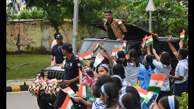 Group Captain Shubhanshu Shukla being welcomed in Lucknow on Monday. (Deepak Gupta/HT Photo) Group Captain Shubhanshu Shukla being welcomed in Lucknow on Monday. (Deepak Gupta/HT Photo)