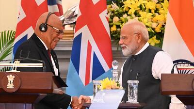 Prime Minister Narendra Modi with his Fijian counterpart Sitiveni Rabuka during a joint press statement at Hyderabad House in New Delhi, India, on Monday. (HT Photo/Arvind Yadav) Prime Minister Narendra Modi with his Fijian counterpart Sitiveni Rabuka during a joint press statement at Hyderabad House in New Delhi, India, on Monday. (HT Photo/Arvind Yadav)