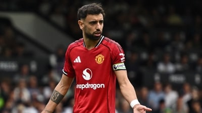 Manchester United's Bruno Fernandes reacts after missing the penalty against Fulham (REUTERS)