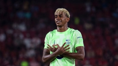 Barcelona's Lamine Yamal confirmed his relationship with singer Nicki Nicole on Instagram. (Photo by JAIME REINA / AFP) (AFP) Barcelona's Lamine Yamal confirmed his relationship with singer Nicki Nicole on Instagram. (Photo by JAIME REINA / AFP) (AFP)