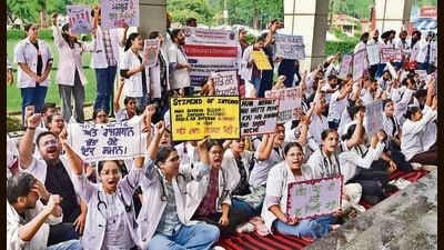 Veterinary Students Union of Guru Angad Dev Veterinary and Animal Sciences University staging a protest in Ludhiana on Monday. (Gurpreet Singh/HT)