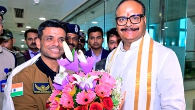 Uttar Pradesh Deputy Chief Minister Brajesh Pathak welcomes Group Captain Shubhanshu Shukla upon his arrival in Lucknow. (@brajeshpathakup/X) Uttar Pradesh Deputy Chief Minister Brajesh Pathak welcomes Group Captain Shubhanshu Shukla upon his arrival in Lucknow. (@brajeshpathakup/X)