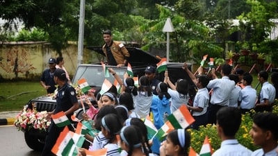 Shubhanshu Shukla greet children from car during roadshow in Lucknow after his return on Monday. (Deepak Gupta/ Hindustan Times) Shubhanshu Shukla greet children from car during roadshow in Lucknow after his return on Monday. (Deepak Gupta/ Hindustan Times)