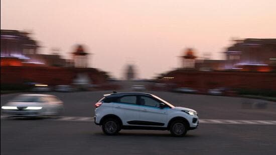 An EV near Rashtrapati Bhavan in New Delhi. (REUTERS)