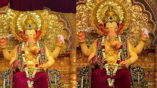 Lord Ganesha shines at Lalbaugcha pandal with majestic grace. (@varindertchawla/Instagram)