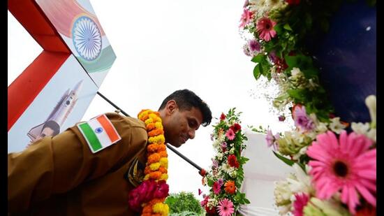 Group Captain Shubhanshu Shukla during a victory parade on Monday, during his visit to hometown Lucknow after his historic mission to the International Space Station. (Deepak Gupta/HT Photo))