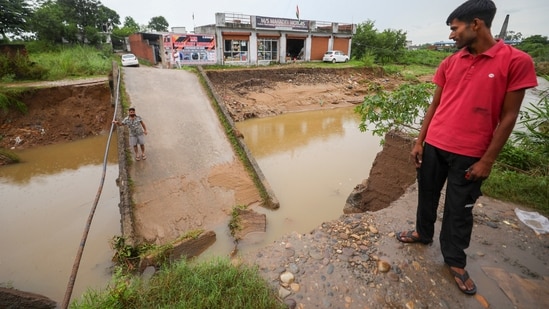 A portion of a bridge damaged following heavy rainfall, in Jammu, Monday, Aug. 25, 2025. (PTI)