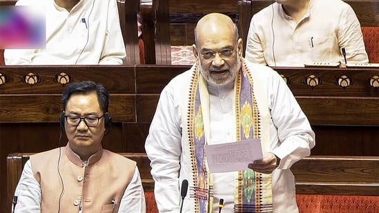 Home minister Amit Shah speaks in Rajya Sabha during the Monsoon Session of Parliament on Thursday (Sansad TV)