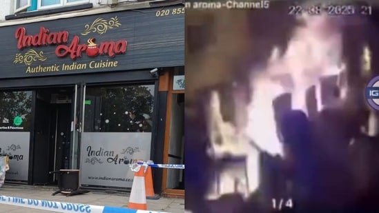 CCTV footage caught the arson attack on an Indian restaurant in east London on Friday. (X-@9berserkr/ X@Ig1Ig3)