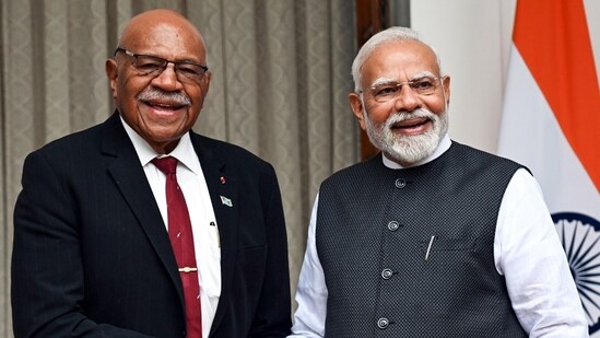 Prime Minister Narendra Modi meets Fiji Prime Minister Sitiveni Rabuka at Hyderabad House in New Delhi on Monday ( (ANI Photo/Jitender Gupta))