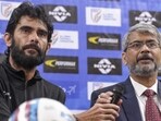 AIFF president Kalyan Chaubey with head coach Khalid Jamil during a press conference. (PTI)